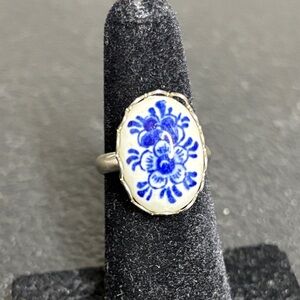 Delft Blue Ceramic Ring Dutch Floral Vintage Ring Adjustable